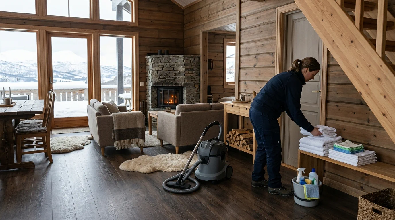 Profesjonell hyttevask i tømmerhytte med ryddig utstyr, håndklær og vinterutsikt utenfor.
