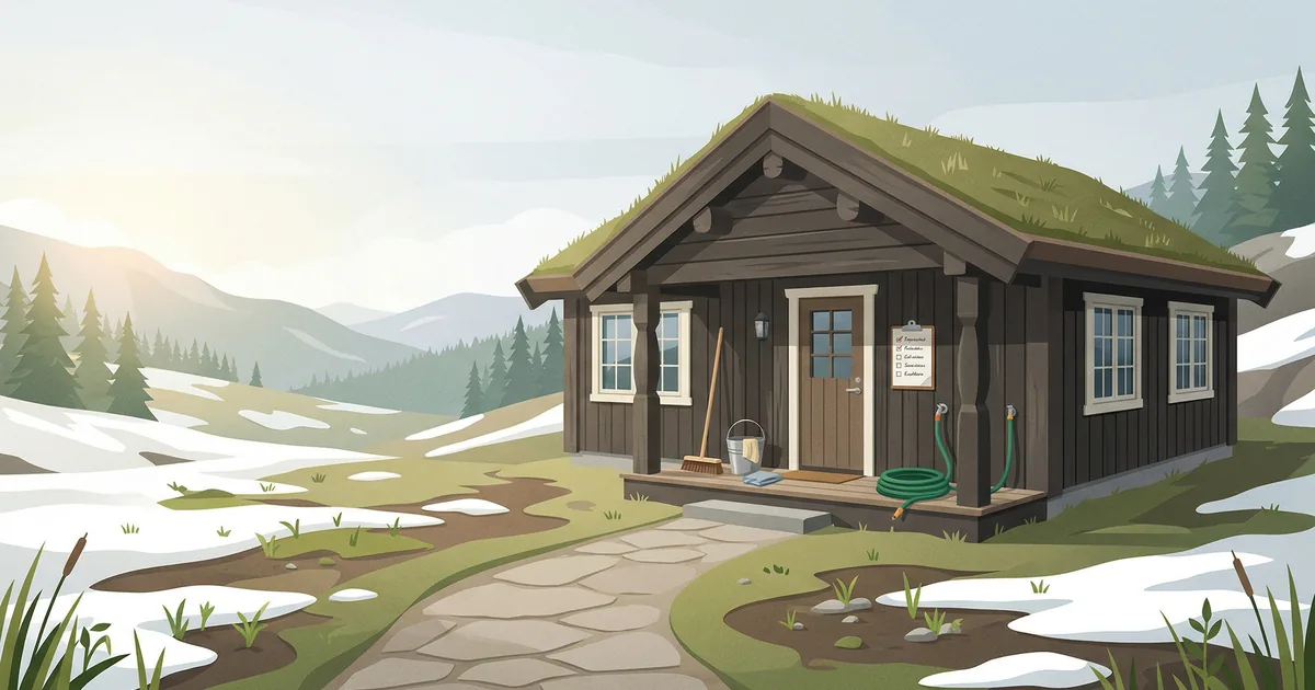 Illustrasjon av vårklargjøring av hytte med smeltende snø, sjekkliste og rengjøringsutstyr ved inngangen.